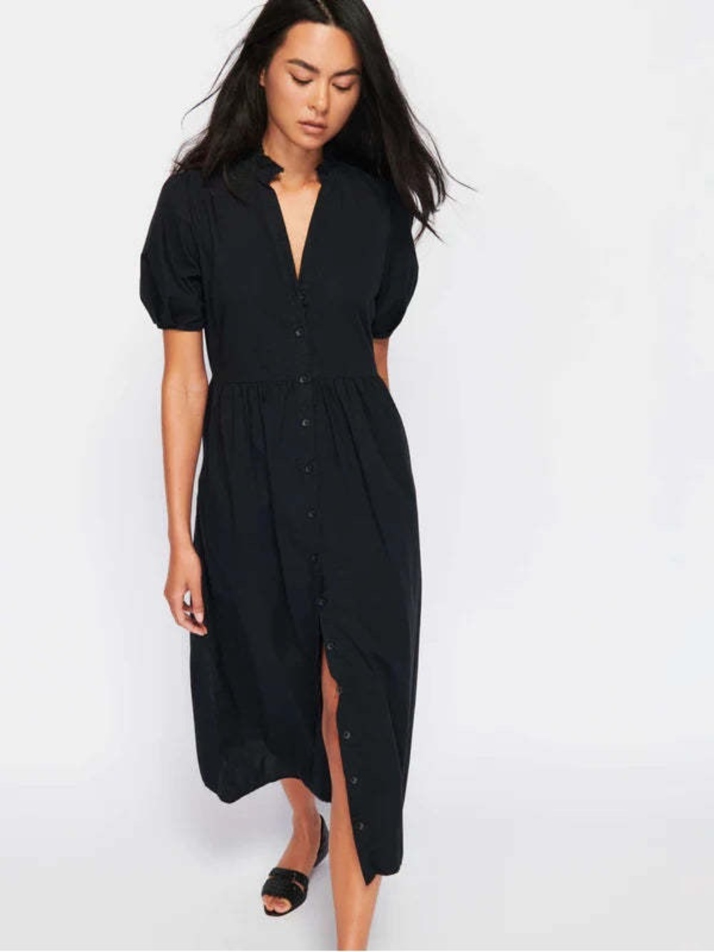 Nation LTD Liliya Button Thru Black 100% Pima Cotton Black Midi Dress Size Small